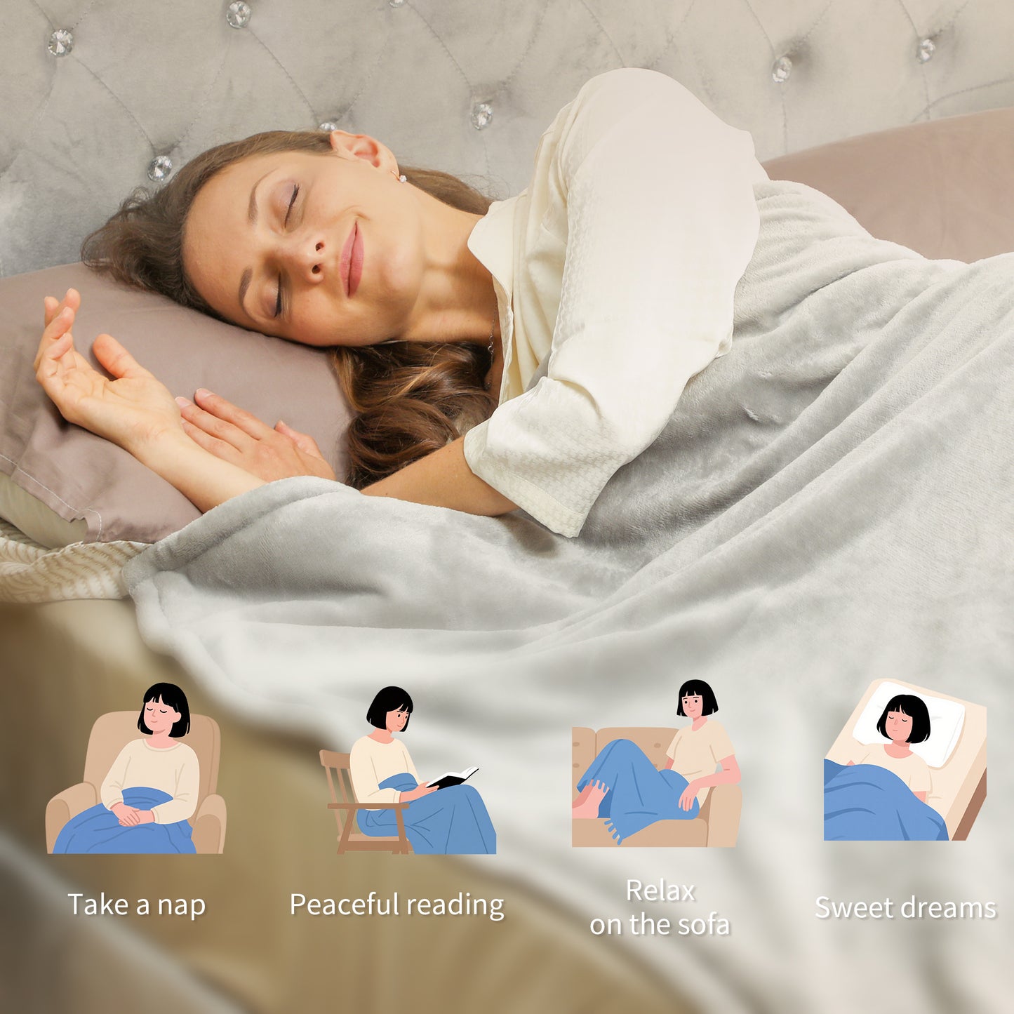 Heated Blanket 180 x 130cm, Electric Throw Blanket with 10 Heat Levels and 10H Timer, Machine Washable Flannel and Cotton Velvet with Overheat Protection, Grey