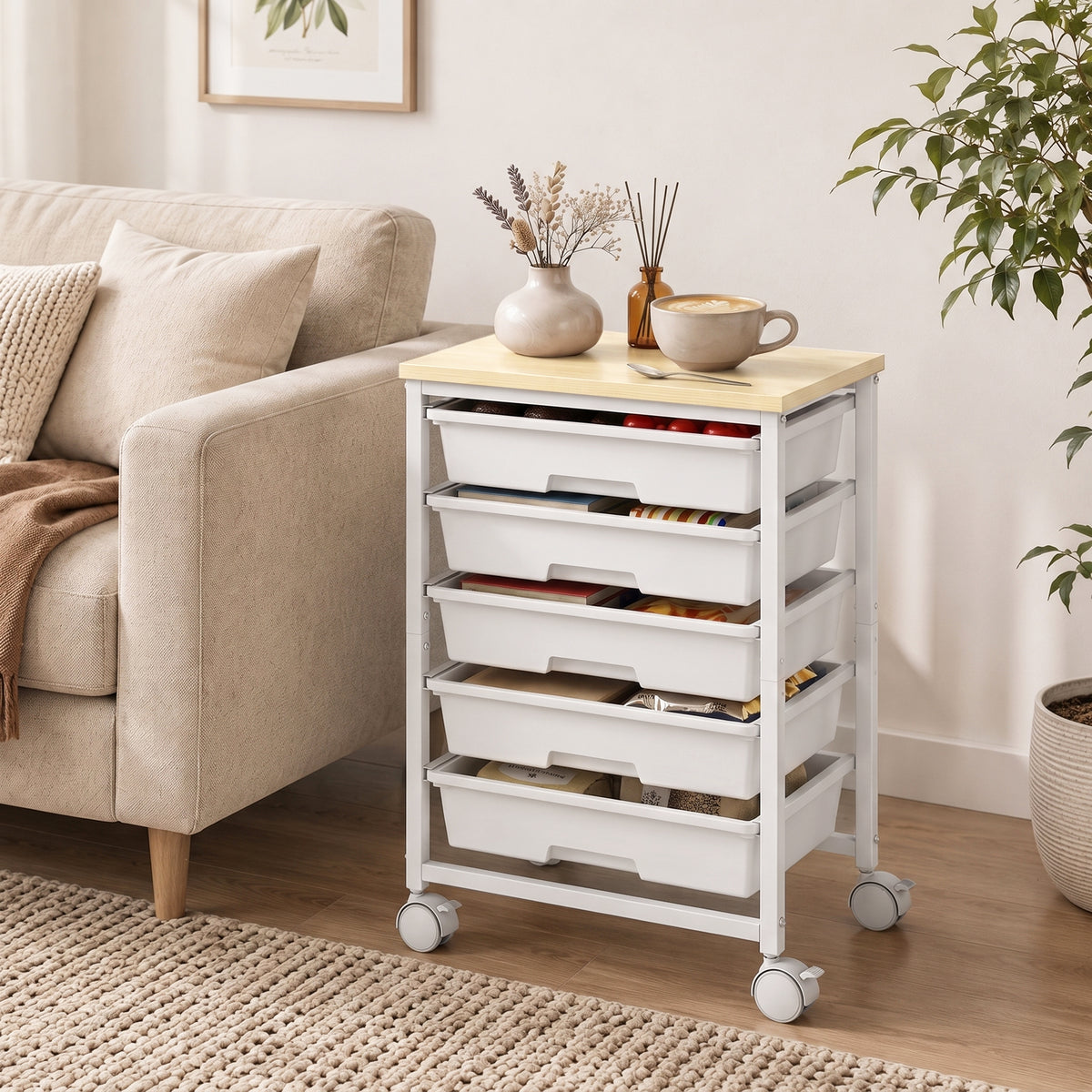 6-Tier Storage Trolley on Wheels | 5 Pull-Out Drawers | Rolling Kitchen Cart | White