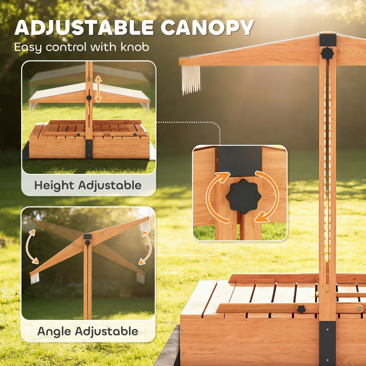 Kids Sand Pit with Canopy & Picnic Table – Fits 6 Children, 265kg Sand Capacity, UV-Proof Adjustable Canopy, Solid Fir Wood, EN71 Tested, Ages 3–8