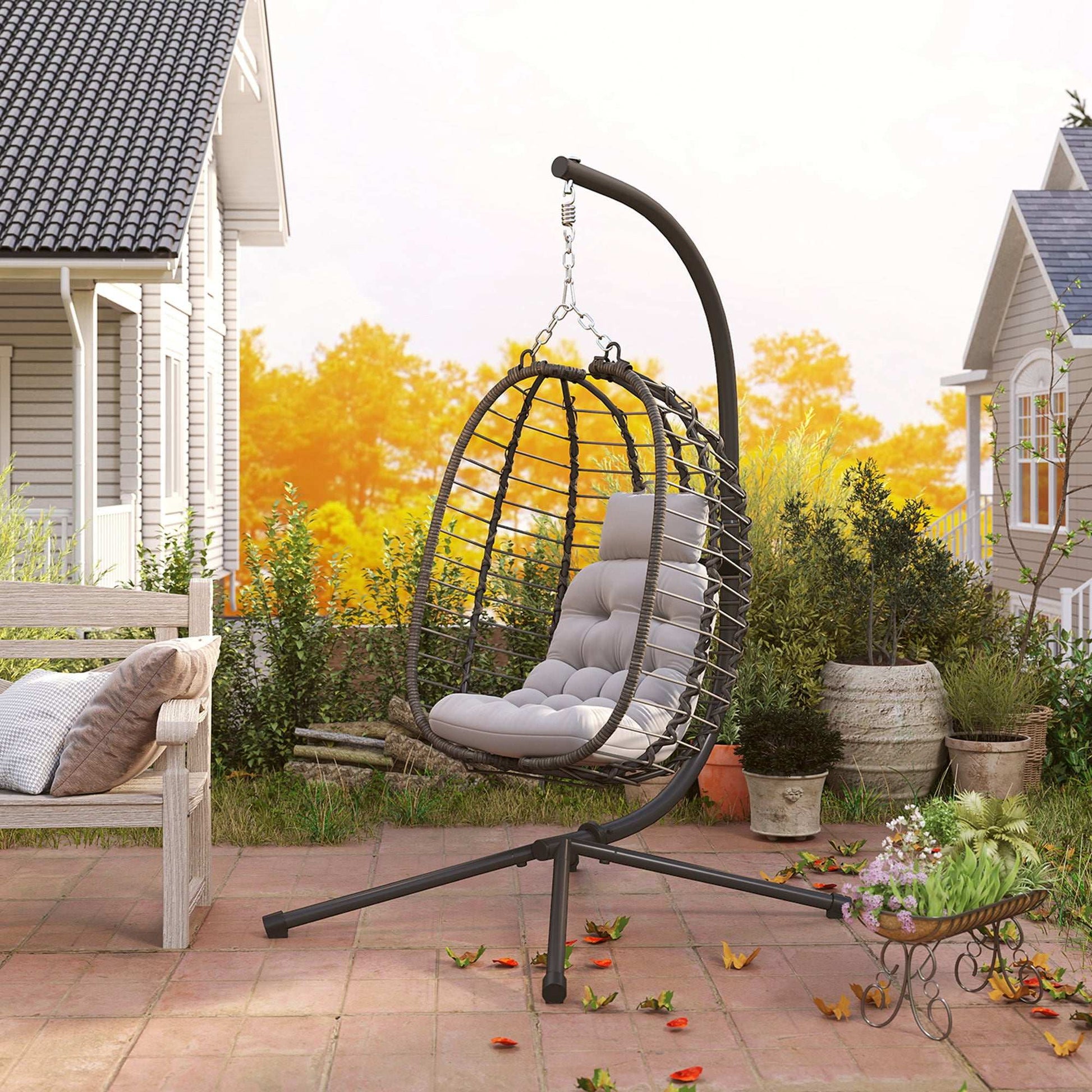 Rattan Hanging Egg Chair, Foldable Wicker Hammock Swing Chair with Cushion, Stand, Adjustable Height, Head Pillow, Steel Frame for Garden