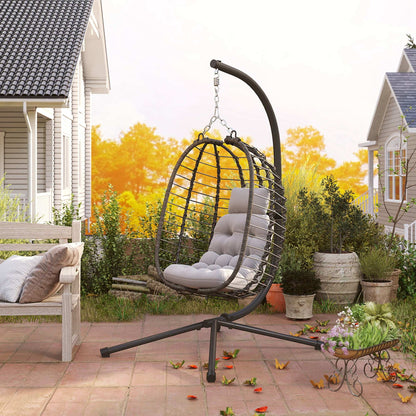Rattan Hanging Egg Chair, Foldable Wicker Hammock Swing Chair with Cushion, Stand, Adjustable Height, Head Pillow, Steel Frame for Garden