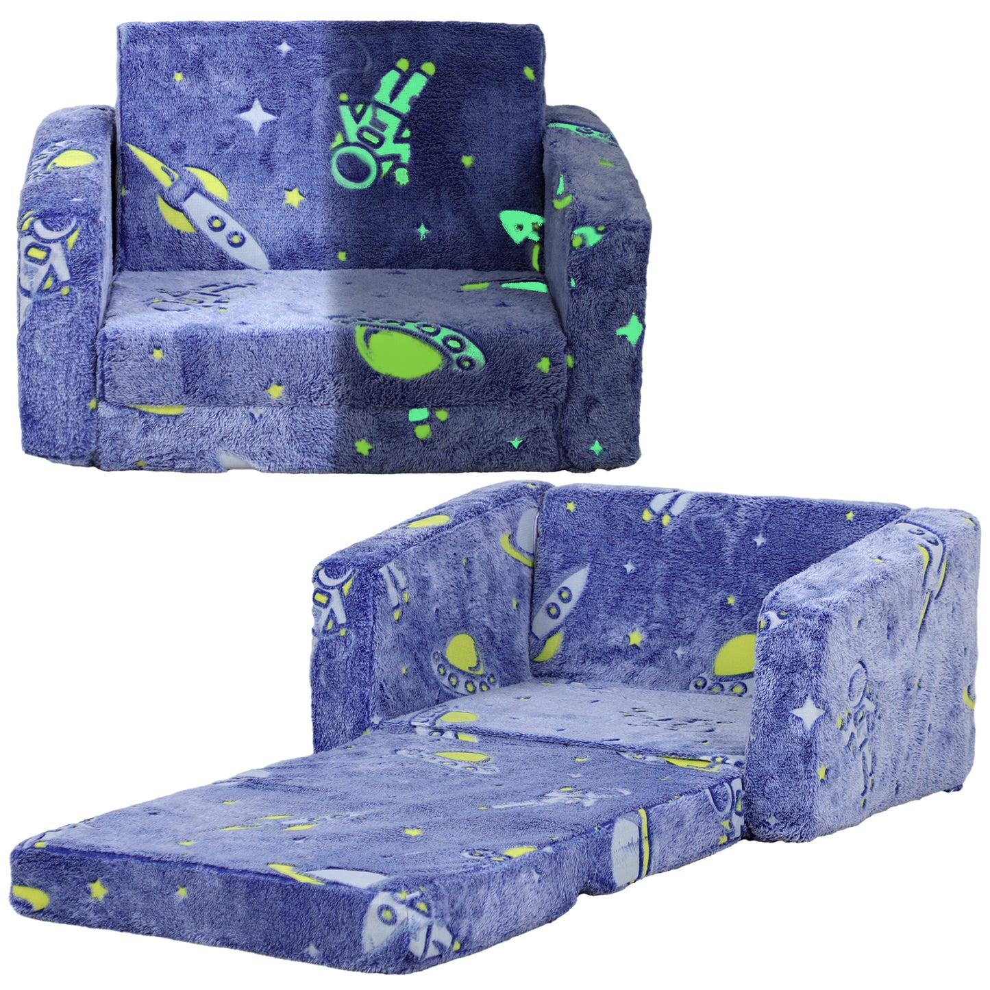 AIYAPLAY 2 in 1 Kids Foldable Chair Bed with Glow in The Dark Cosmic Design, Washable Cushion and Cover, Blue
