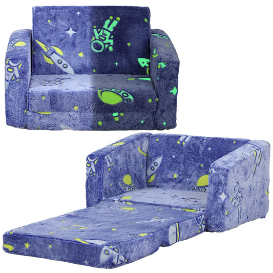 AIYAPLAY 2 in 1 Kids Foldable Chair Bed with Glow in The Dark Cosmic Design, Washable Cushion and Cover, Blue