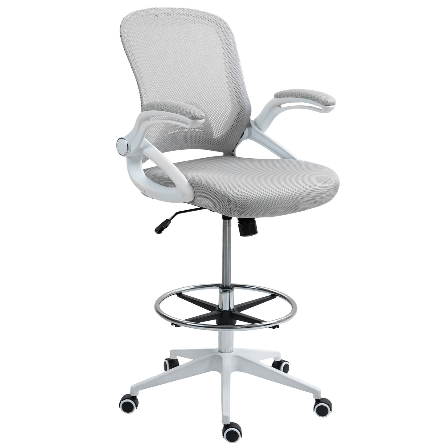 Drafting Chair for Standing Desk | Mesh Back | Foam Seat | Flip-Up Armrests | Foot Ring | 360° Swivel | Height Adjustable 106-126cm | 120kg | Light Grey