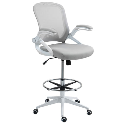 Drafting Chair for Standing Desk | Mesh Back | Foam Seat | Flip-Up Armrests | Foot Ring | 360° Swivel | Height Adjustable 106-126cm | 120kg | Light Grey
