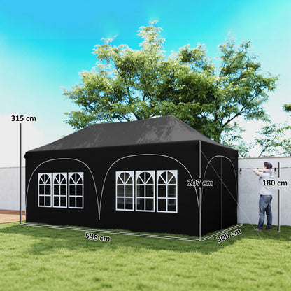 3x6m Peak-Top Pop-Up Party Gazebo | 15-20 People | UPF30+ 210D Oxford Fabric | 6 Sidewalls | 4 Windows & 2 Zipper Doors | 3 Height Settings | 12 Drainage Holes | Stakes, Ropes & Sandbags | Carry Bag | Black