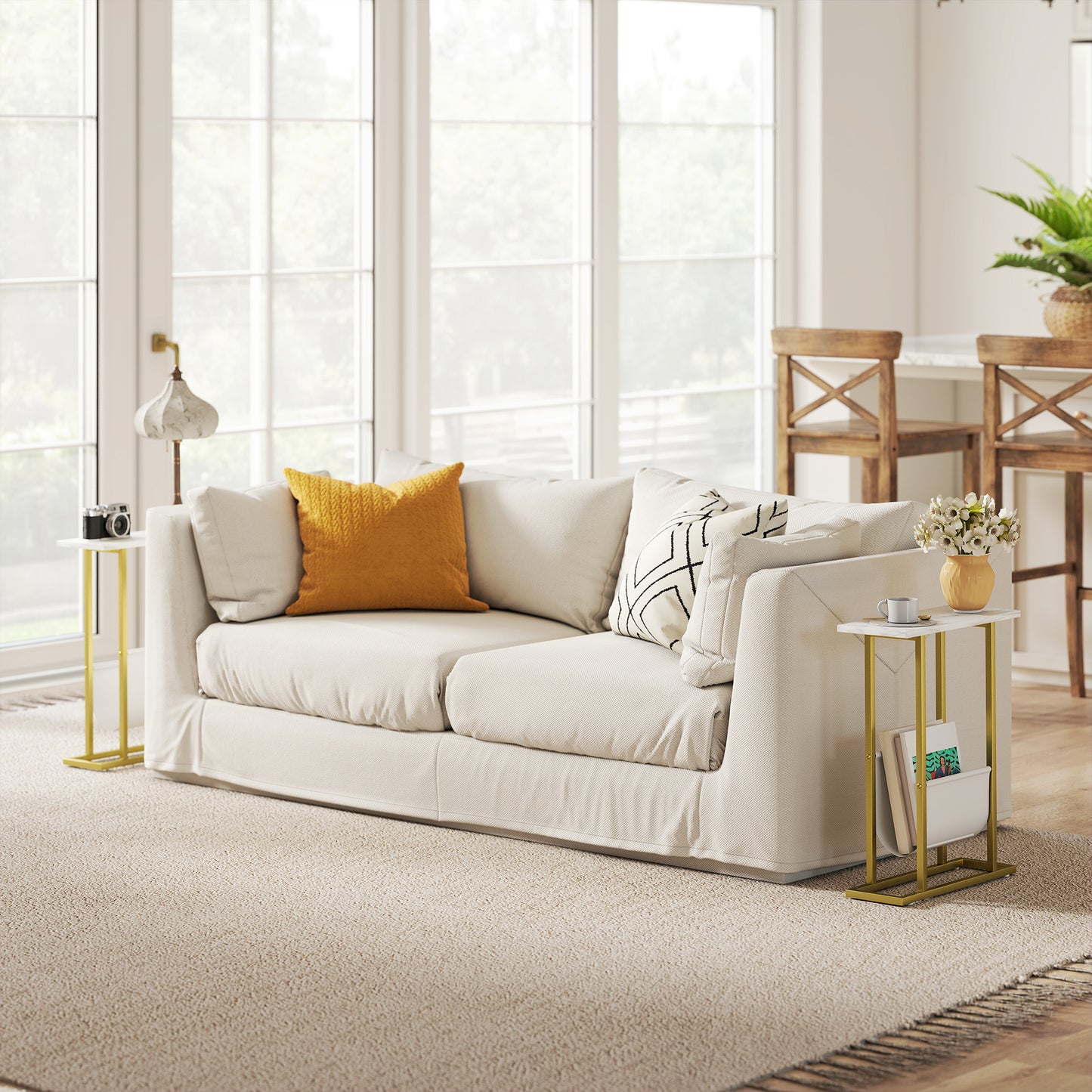 Narrow Side Table, End Table with Magazine Holder, Nightstand for Small Spaces, Living Room, Bedroom, White Marble Grain