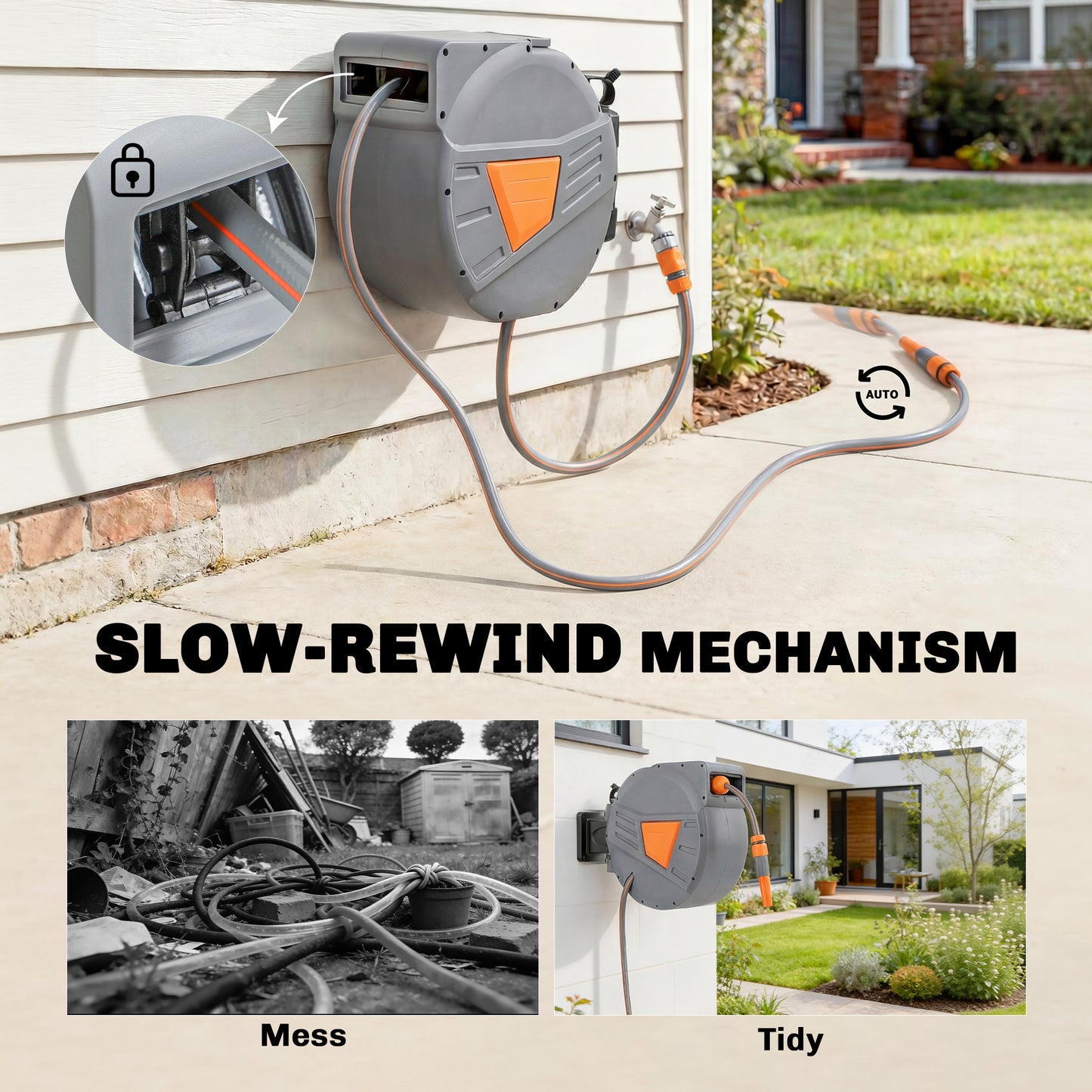 Wall Mounted Retractable Garden Hose Reel | 20+1.6m | Auto Retract & Self-Locking | 180° Swivel Bracket | Dual Spray Modes | 8 Bar Working Pressure | 51x20x34cm | Orange