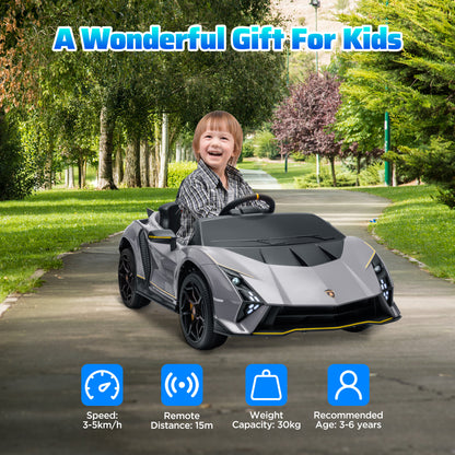 AIYAPLAY 12V Lamborghini Autentica Licensed Kids Electric Car with Remote Control, 4 Suspension Wheels, Soft Start, Grey / Pink