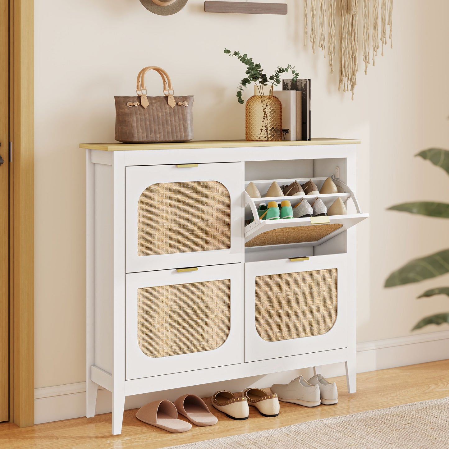 Slim Boho Shoe Cabinet | 4 Flip Drawers | Rattan Doors | Oak-Effect Top | 20 Pairs Up to UK Size 7 | Anti-Tip | 105x24x95.5cm | 50kg | White
