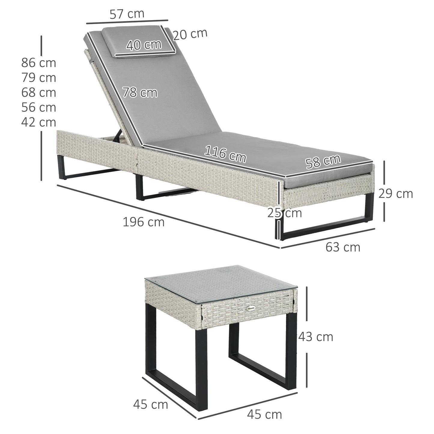 3-piece PE Rattan Patio Sun Lounger Set with Adjustable 5-Position Recline With Cushions, Headrests, Glass Top Square Coffee Table, Light Grey