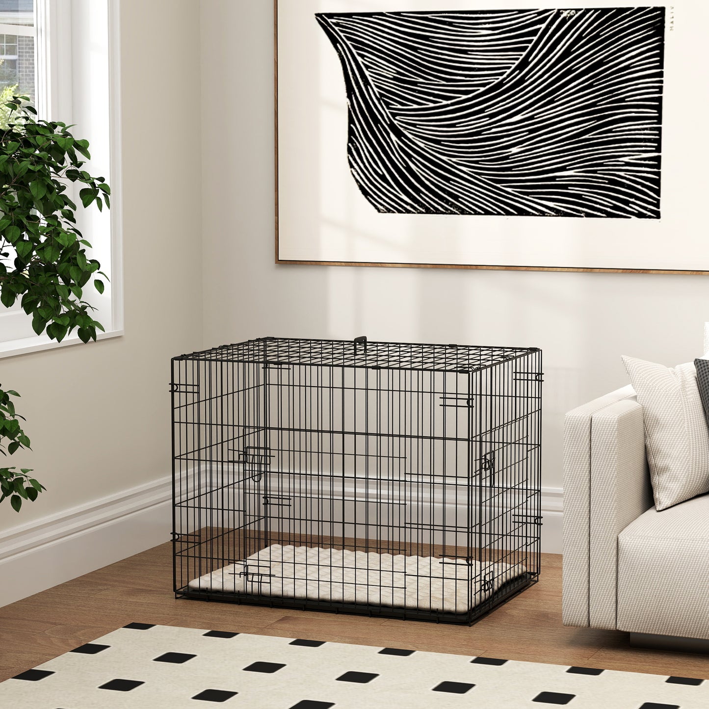 Foldable Dog Crate S | 2 Doors | Soft Washable Cushion | Removable ABS Tray | Small Dogs up to 10kg | 76 x 53 x 60cm | Black