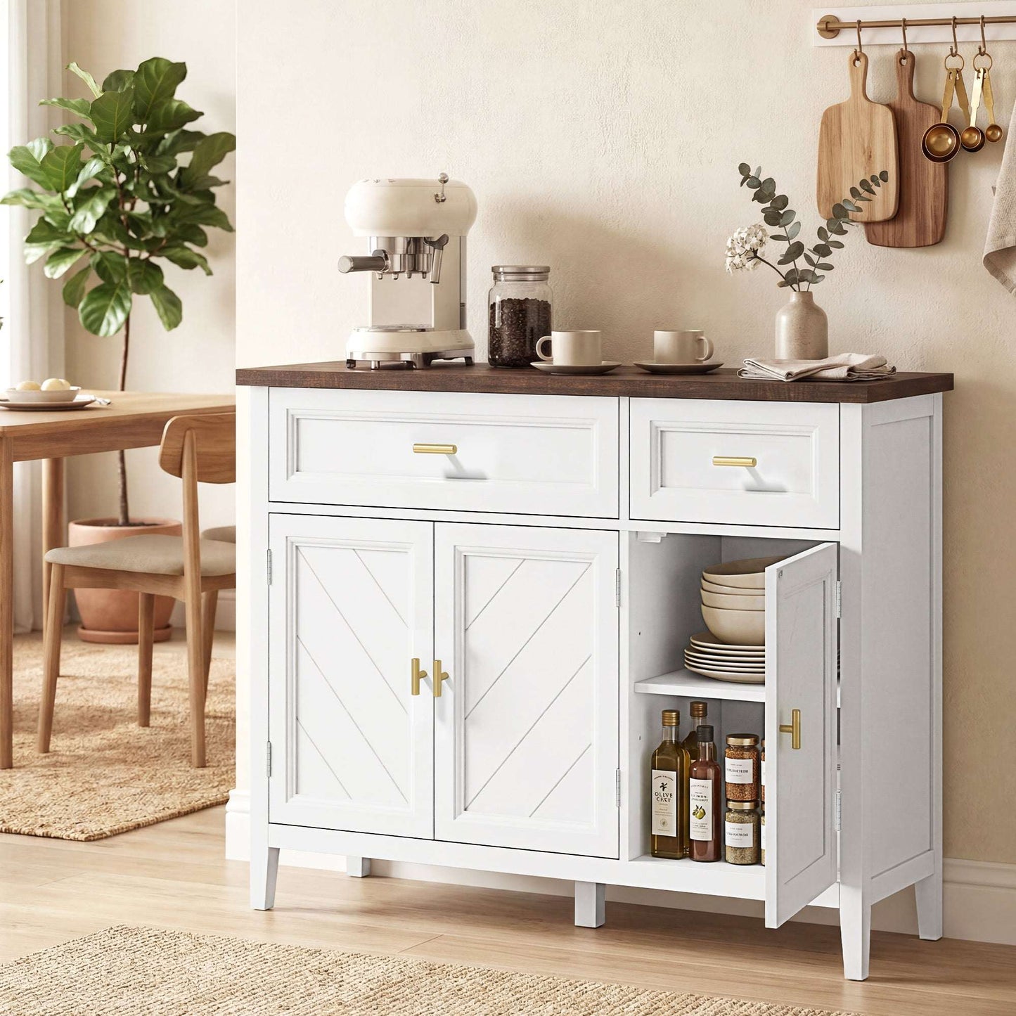 Modern Sideboard | 3 Doors & 2 Drawers | 3-Position Adjustable Shelves | Gold Alloy Handles | Anti-Tipping Straps | Water-Resistant | 75kg Capacity | 110x35x80.5cm | White & Brown Wood Effect