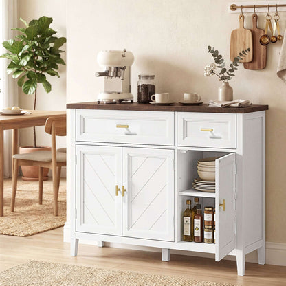 Modern Sideboard | 3 Doors & 2 Drawers | 3-Position Adjustable Shelves | Gold Alloy Handles | Anti-Tipping Straps | Water-Resistant | 75kg Capacity | 110x35x80.5cm | White & Brown Wood Effect