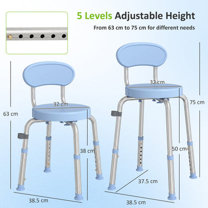 360° Swivel Shower Stool | Aluminium Frame | 5-Level Adjustable Height 63–75cm | Backrest | Non-Slip | 136kg | Shower Head Holder | Light Blue