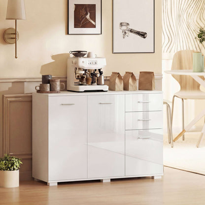 Sideboard, Modern Storage Cabinet with 2 Drawers, 3 Doors and Adjustable Shelves, High Gloss White
