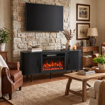Electric Fireplace TV Stand | TVs up to 70 Inch | 150cm Black Fluted Storage Unit | 900W/1800W, 12 Flame Colours & Remote