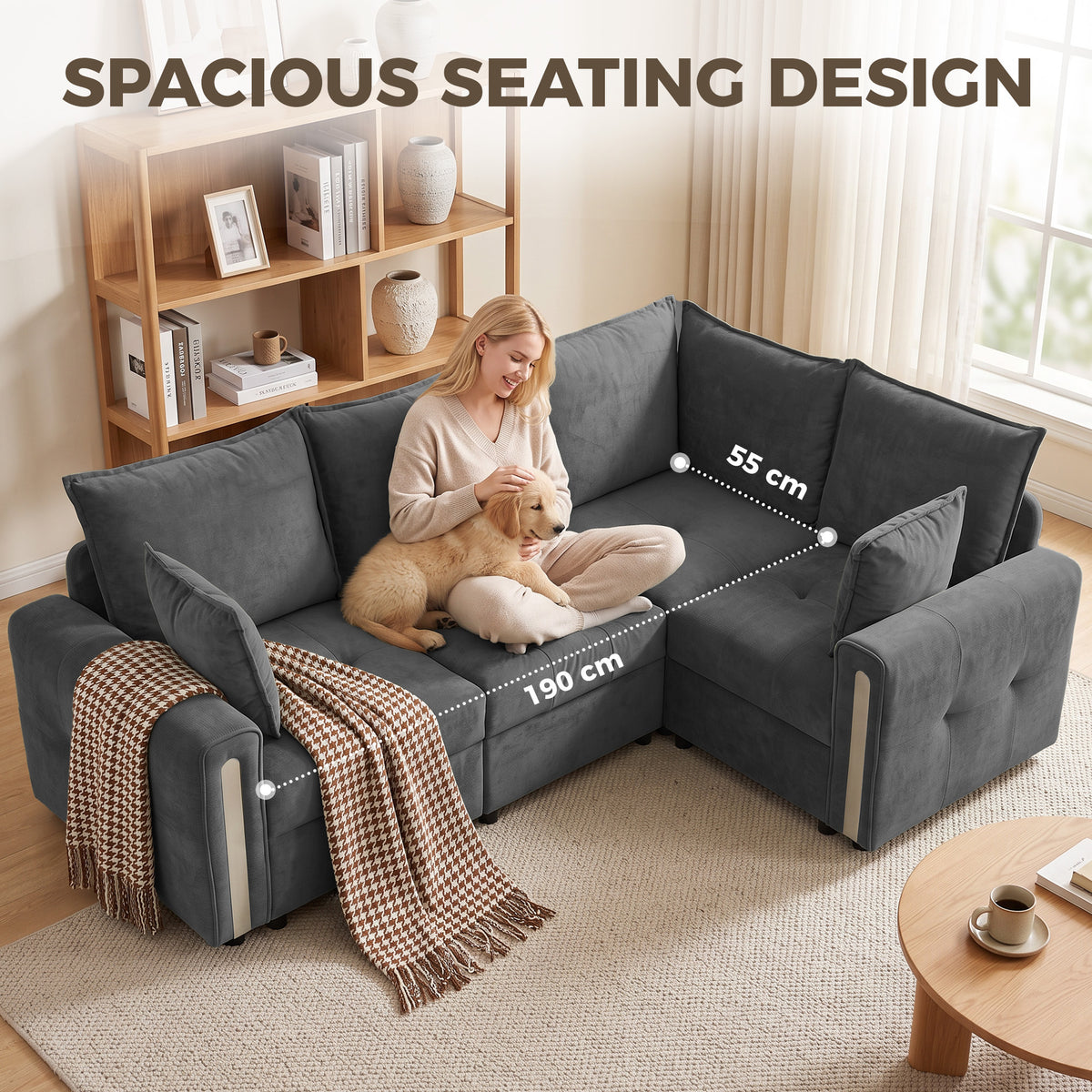 Reversible L-Shaped Corner Sofa | 228 x 164cm | 3-Seater with Lift-Up Storage & Velvet Upholstery | Dark Grey