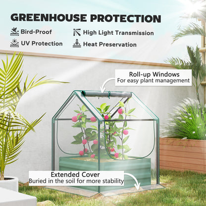 2-in-1 Raised Garden Bed with Mini Greenhouse Cover | Galvanised Steel Base | Open Bottom | 2 Roll-Up Windows | 10cm Soil Anchor Edge | 61x61x29.5cm Bed | 70x70x90cm Cover | Green & Clear