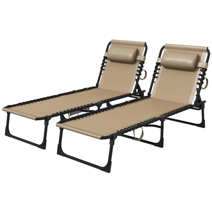 Portable Sun Lounger Set of 2, Folding Camping Bed Cot, Reclining Lounge Chair 5-position Adjustable Backrest with Side Pocket, Pillow - Beige