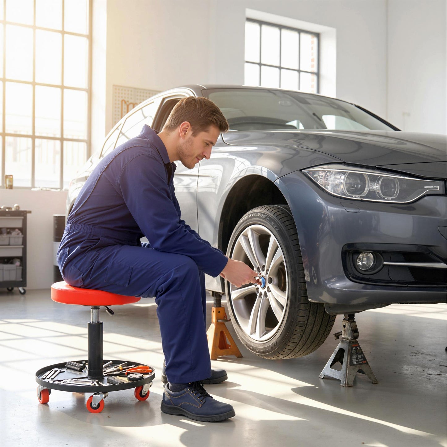 Rolling Mechanical Workshop Stool | Pneumatic Height Adjust | Tool Tray | PU Padded Seat | 110kg | Orange