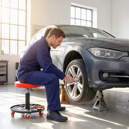 Rolling Mechanical Workshop Stool | Pneumatic Height Adjust | Tool Tray | PU Padded Seat | 110kg | Orange