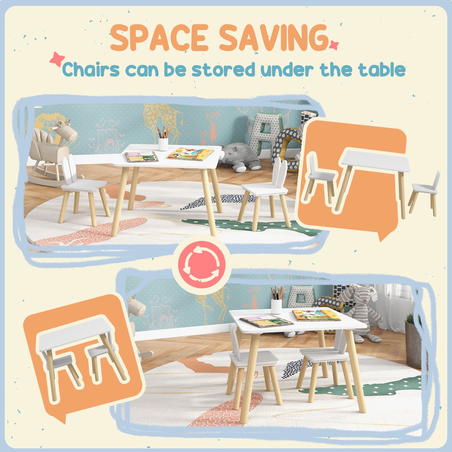 AIYAPLAY 3 Piece Toddler Table and Chair Set, Kids Desk and 2 Chairs Set w/ Bunny Ear Backrest, for Nursery, Playroom