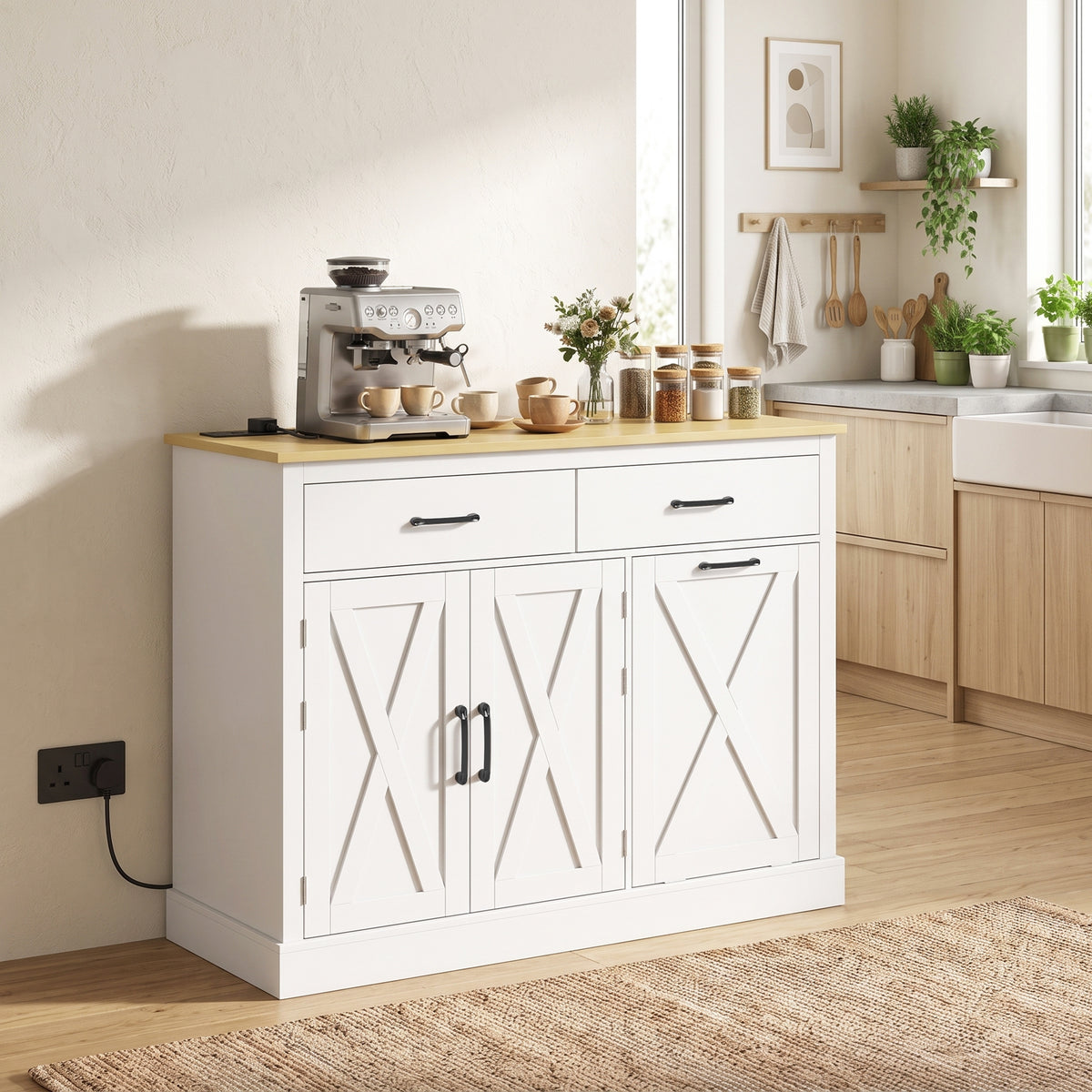 Tilt Out Trash Cabinet with Built-In Charging Station & Kitchen Island Storage | 57L Hidden Bin | 2 Drawers 2-Tier Cabinet 4 Door Racks | AC USB USB-C Ports | Farmhouse Style | White or Black | 112x40x83.5cm | Anti-Tip | Assembly Required