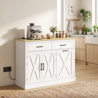 Tilt Out Trash Cabinet with Built-In Charging Station & Kitchen Island Storage | 57L Hidden Bin | 2 Drawers 2-Tier Cabinet 4 Door Racks | AC USB USB-C Ports | Farmhouse Style | White or Black | 112x40x83.5cm | Anti-Tip | Assembly Required