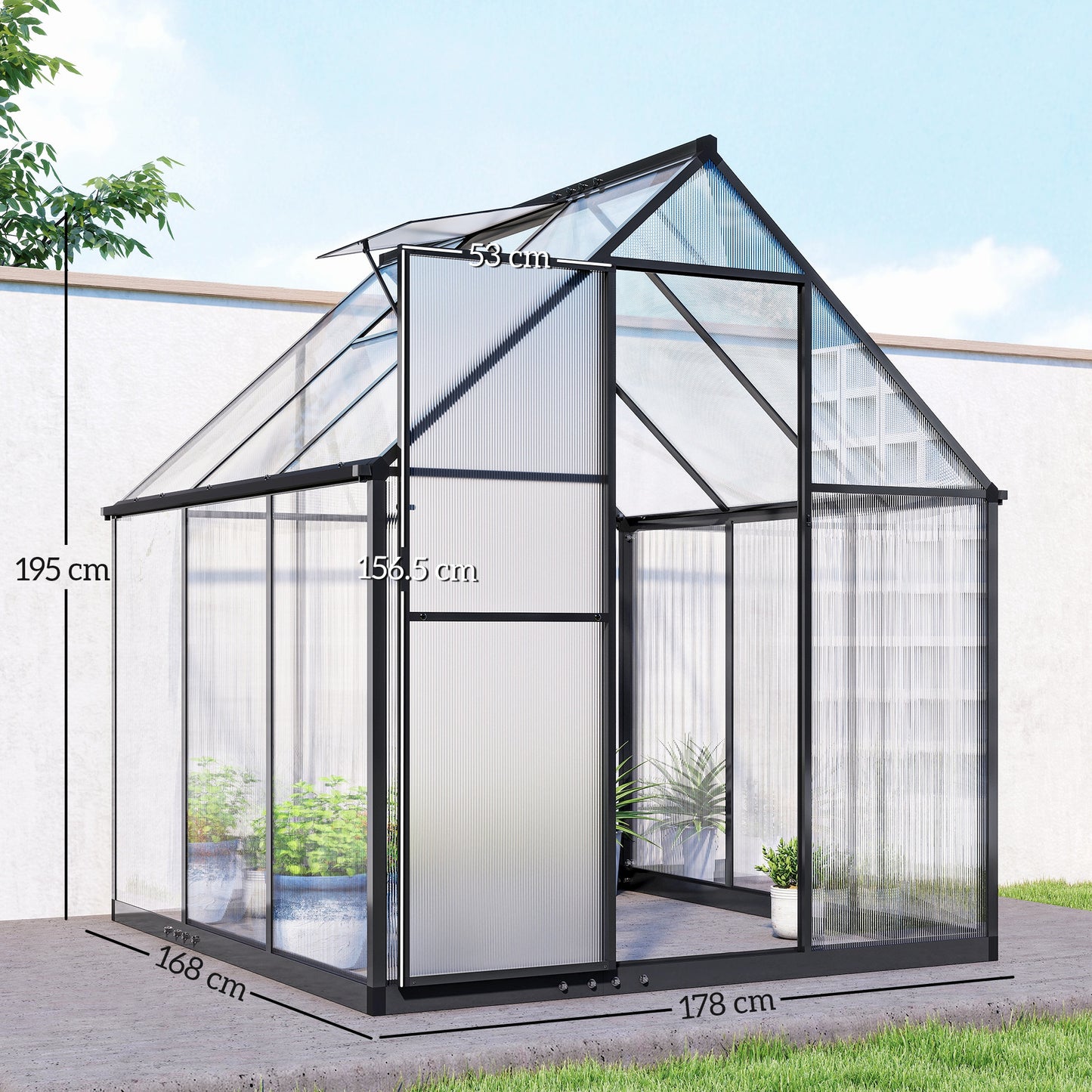 Polycarbonate Greenhouse with Swing Door and Adjustable Window, Walk-in Greenhouse with Rain Gutter, 6 x 6.5ft, Black