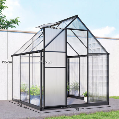 Polycarbonate Greenhouse with Swing Door and Adjustable Window, Walk-in Greenhouse with Rain Gutter, 6 x 6.5ft, Black