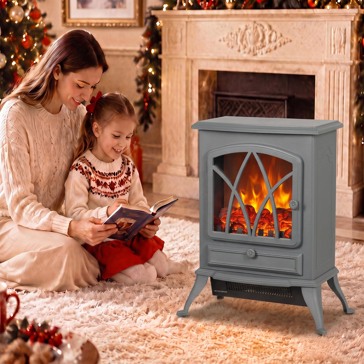 Electric Fireplace Stove | Grey Freestanding 2000W Heater with Adjustable LED Flame & Thermostat