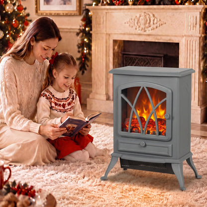Electric Fireplace Stove | Grey Freestanding 2000W Heater with Adjustable LED Flame & Thermostat