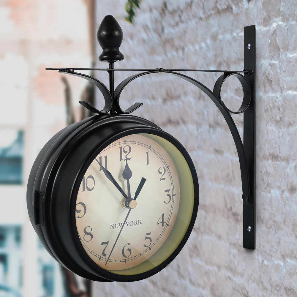 Wall Clock Retro Vintage Style Double-Sided Station Battery Operated Silent Clock, Wall Mounted For Home, Office, Antique Classic Effect Wall Clock