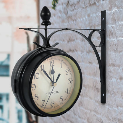 Wall Clock Retro Vintage Style Double-Sided Station Battery Operated Silent Clock, Wall Mounted For Home, Office, Antique Classic Effect Wall Clock