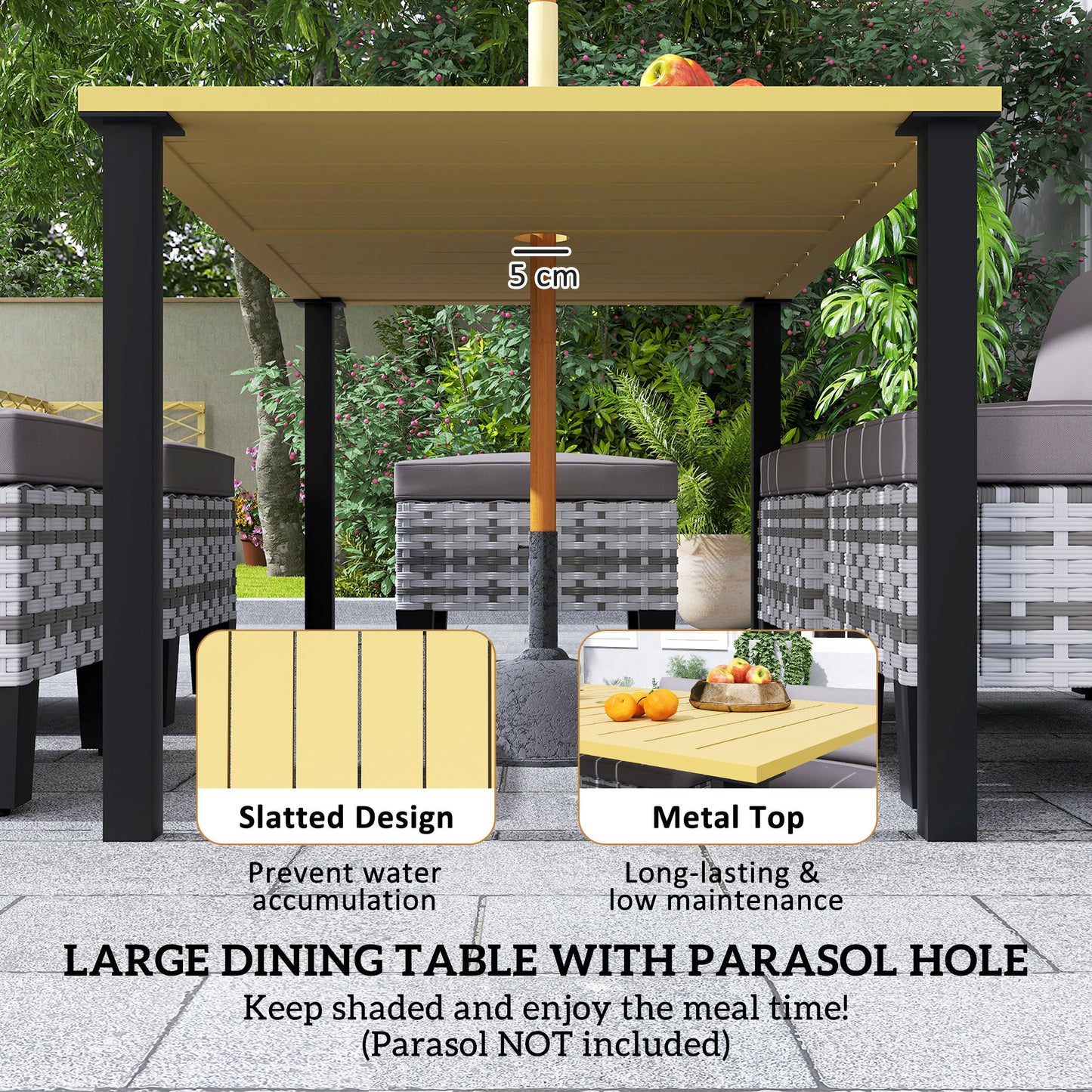 7-Piece Rattan Garden Dining Set, 6 Seater Wicker Garden Furniture Set with Seat and Back Cushions, Umbrella Hole, Patio Table and Chairs