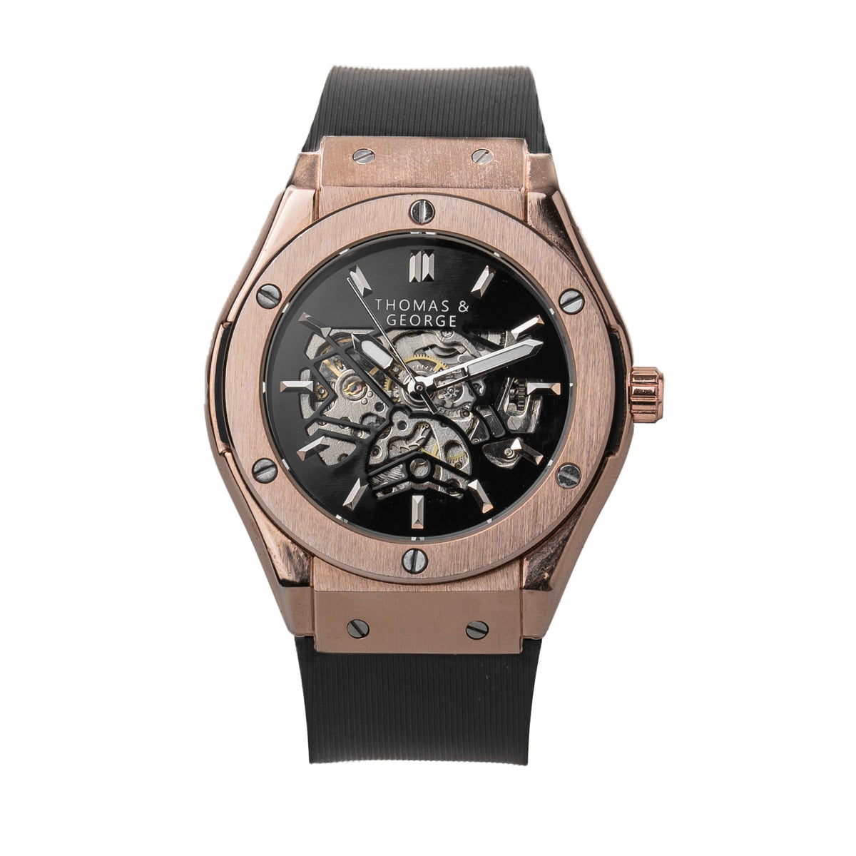 Thomas & George Norway Automatic Skeleton Watch | 42mm Rose-Gold-Tone Alloy Case & Black Dial | Flexible Black Silicone Strap | Optional Luxury Box