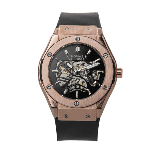 Thomas & George Norway Automatic Skeleton Watch | 42mm Rose-Gold-Tone Alloy Case & Black Dial | Flexible Black Silicone Strap | Optional Luxury Box