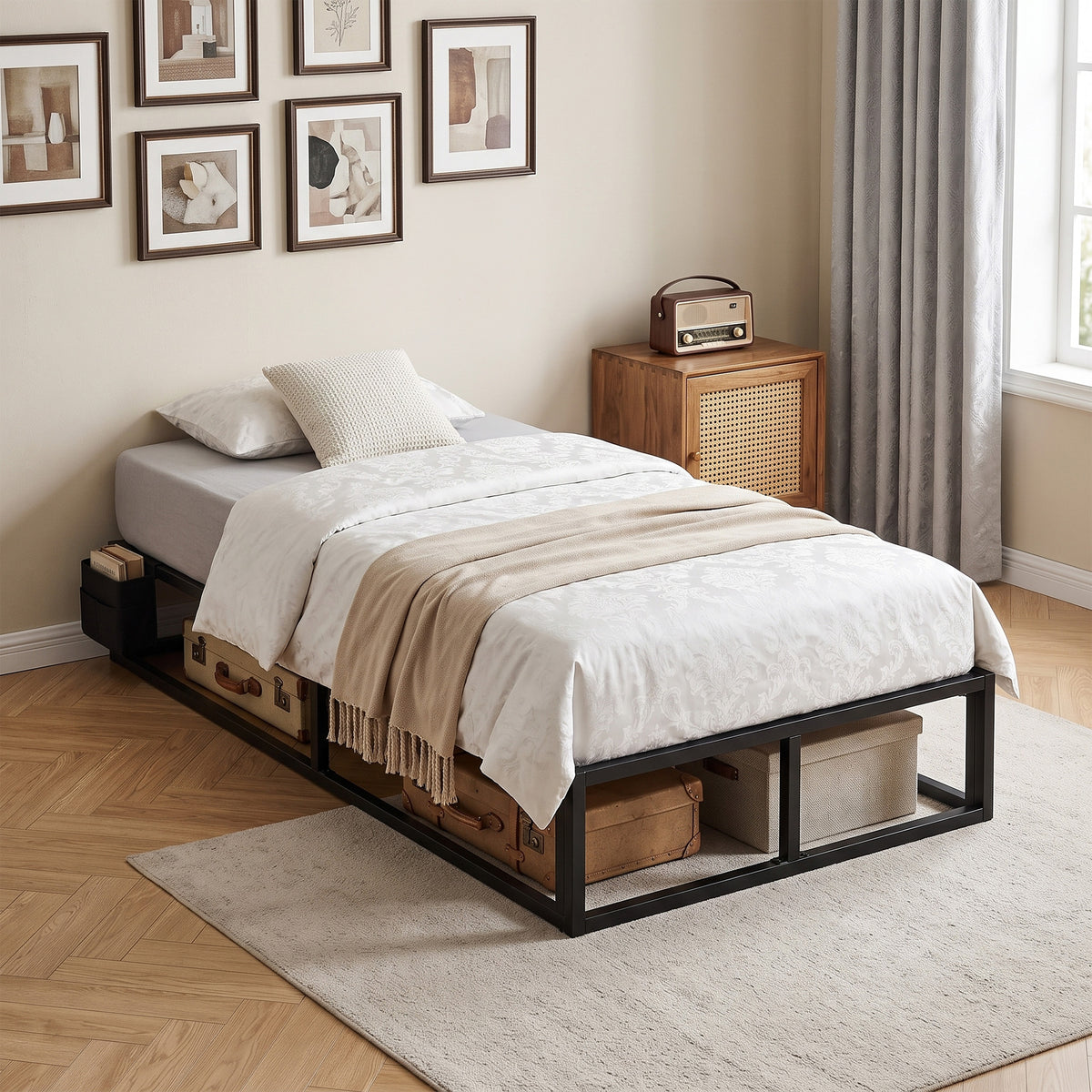 3ft Single Bed Frame | 12 Slats | Metal Platform | Storage Bag | Anti-Slip Pads | 227kg Capacity | Black