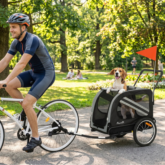 2-in-1 Dog Bike Trailer & Stroller | Mesh Windows | Plastic Curtain | Safety Harness, Flag & Reflectors | Foldable Quick-Release Wheels | Dogs up to 20kg | Grey