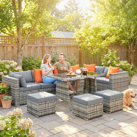10-Piece PE Rattan Garden Furniture Set | 6 Chairs | 3 Footstools | Tempered Glass Dining Table | 10cm Zip Cushions | 4 Accent Pillows | L-Shaped Feet | 120kg Capacity | Grey & Dark Grey