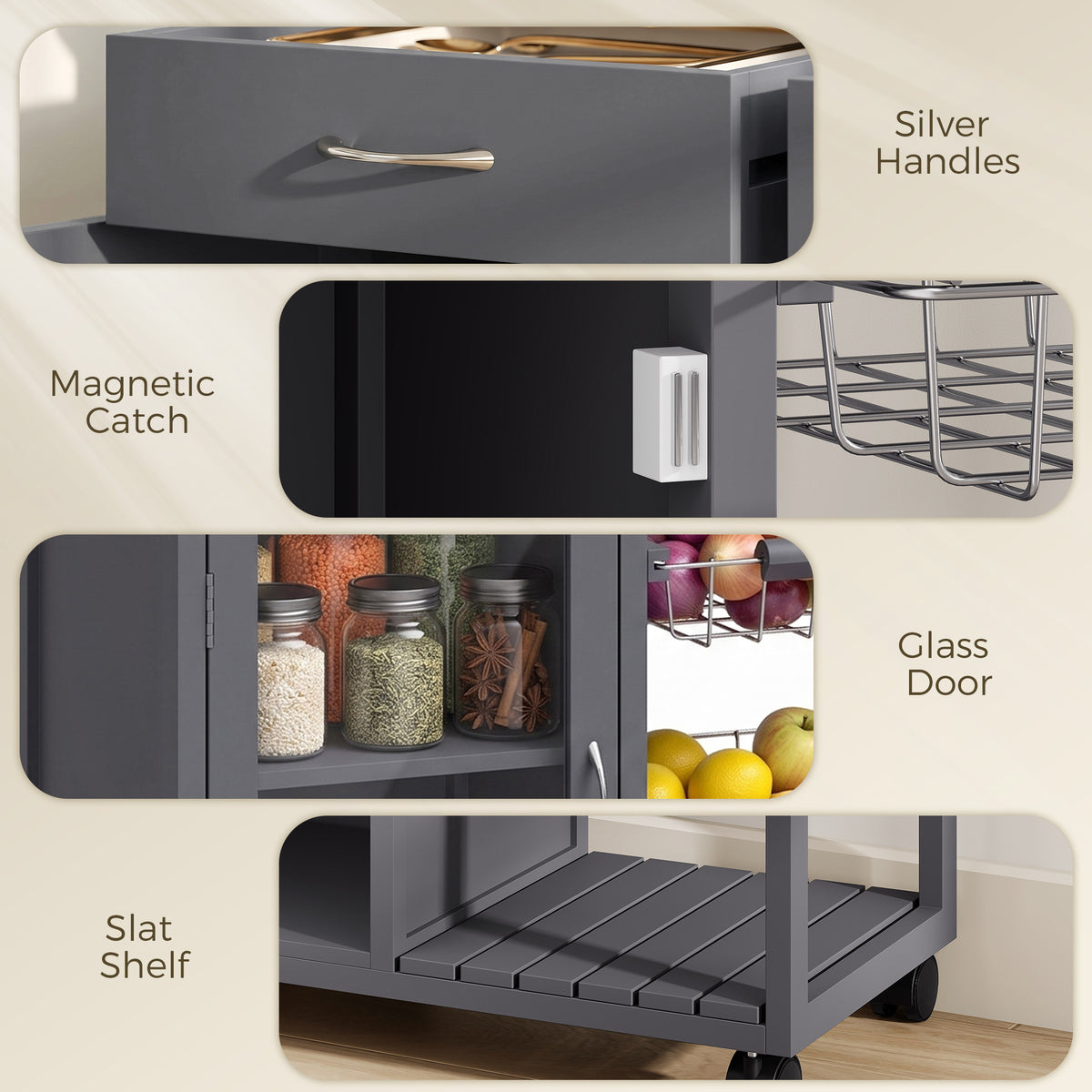 Rolling Kitchen Island Trolley | Bamboo Worktop | Glass Door Cabinet | 2 Wire Baskets | 2 Drawers | Adjustable Shelf | 4 Wheels | 67x35x80cm | Grey