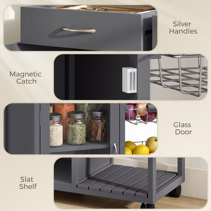 Rolling Kitchen Island Trolley | Bamboo Worktop | Glass Door Cabinet | 2 Wire Baskets | 2 Drawers | Adjustable Shelf | 4 Wheels | 67x35x80cm | Grey
