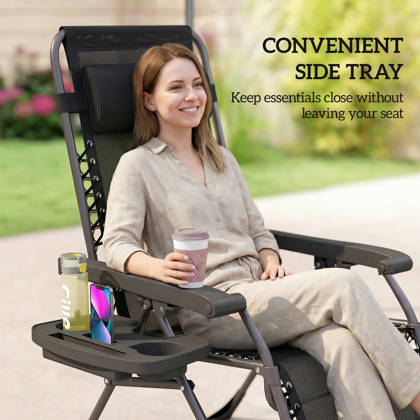 Set of 2 Zero Gravity Folding Sun Loungers | Stepless Recline | Headrest & Side Tray | 120kg | Black