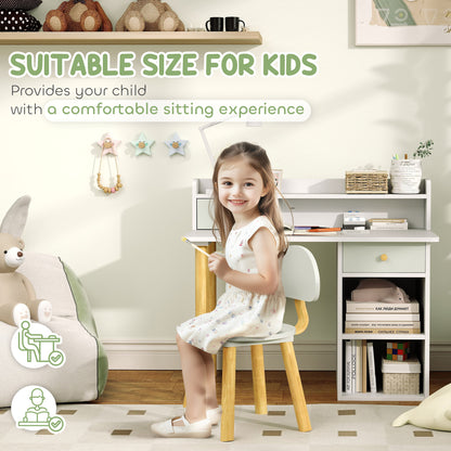AIYAPLAY Two-Piece Children Study Table with Hutch, Kids Desk and Chair Set with Storage, Drawer, Shelves, Green