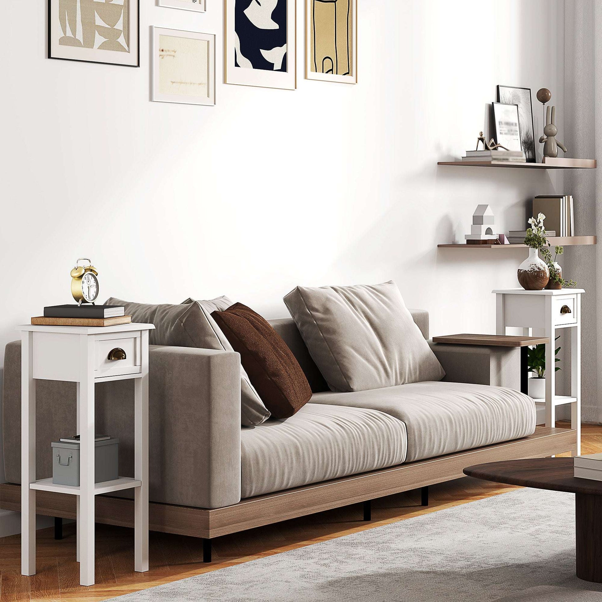 Set of 2 Side Tables | Drawer & Open Shelf | Slim 30x30x75cm | Anti-Tip | Elevated Base | MDF | White
