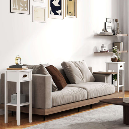 Set of 2 Side Tables | Drawer & Open Shelf | Slim 30x30x75cm | Anti-Tip | Elevated Base | MDF | White