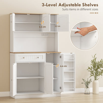 173cm Tall Kitchen Cupboard | Charging Station | Pantry Storage Cabinet | Adjustable Shelves | 4 Door Racks | White