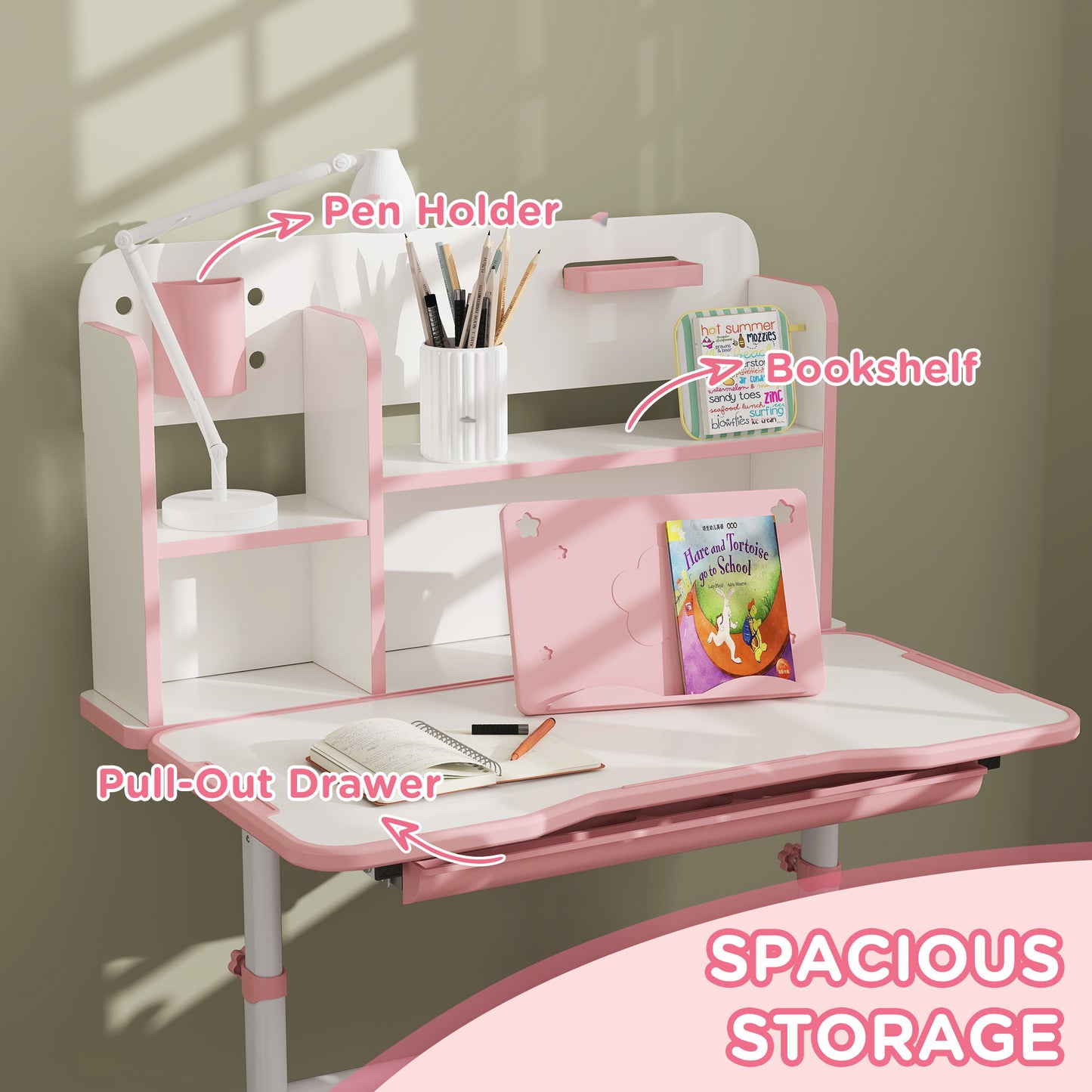 AIYAPLAY Height Adjustable Kids Desk and Chair Set, Children School Study Desk with Tiltable Desktop, Reading Rack