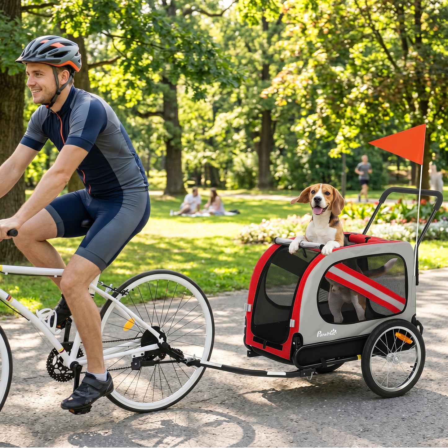 2-in-1 Dog Bike Trailer & Stroller | Mesh Windows | Plastic Curtain | Safety Harness, Flag & Reflectors | Foldable Quick-Release Wheels | Dogs up to 20kg | Red